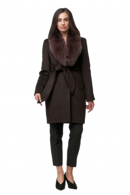 Демисезонное женское пальто из текстиля с воротником, отделка песец