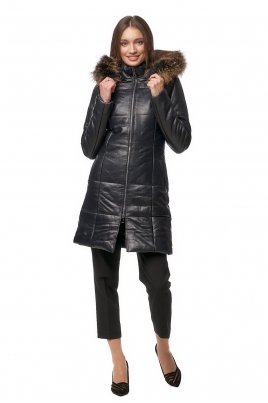 Женское кожаное пальто из натуральной кожи с капюшоном, отделка енот