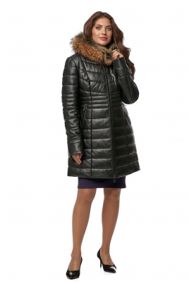 Женское кожаное пальто из натуральной кожи с капюшоном, отделка енот