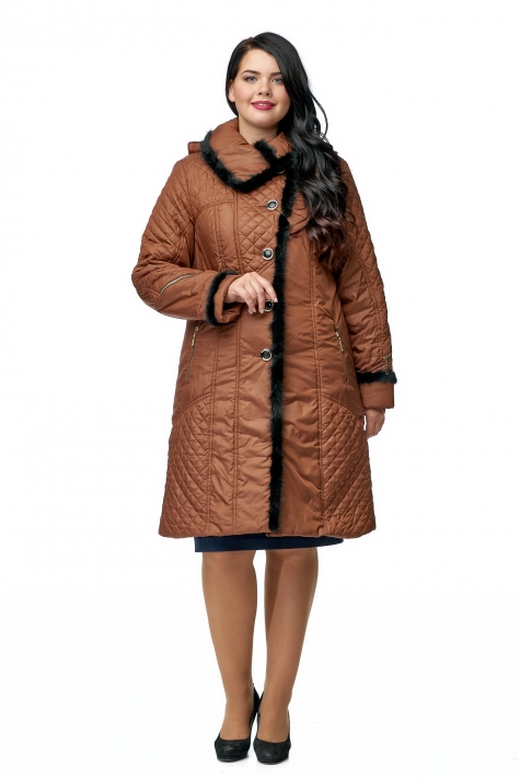 Женское пальто из текстиля с капюшоном, отделка норка 8015917
