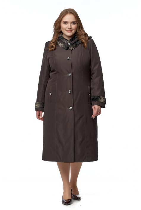 Женское пальто из текстиля с капюшоном, отделка искусственный мех 8016444