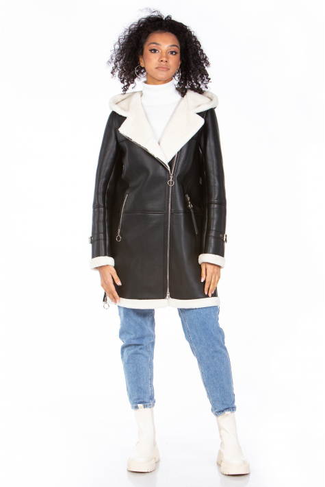 Женское кожаное пальто из эко-кожи с капюшоном, отделка искусственный мех 8023158